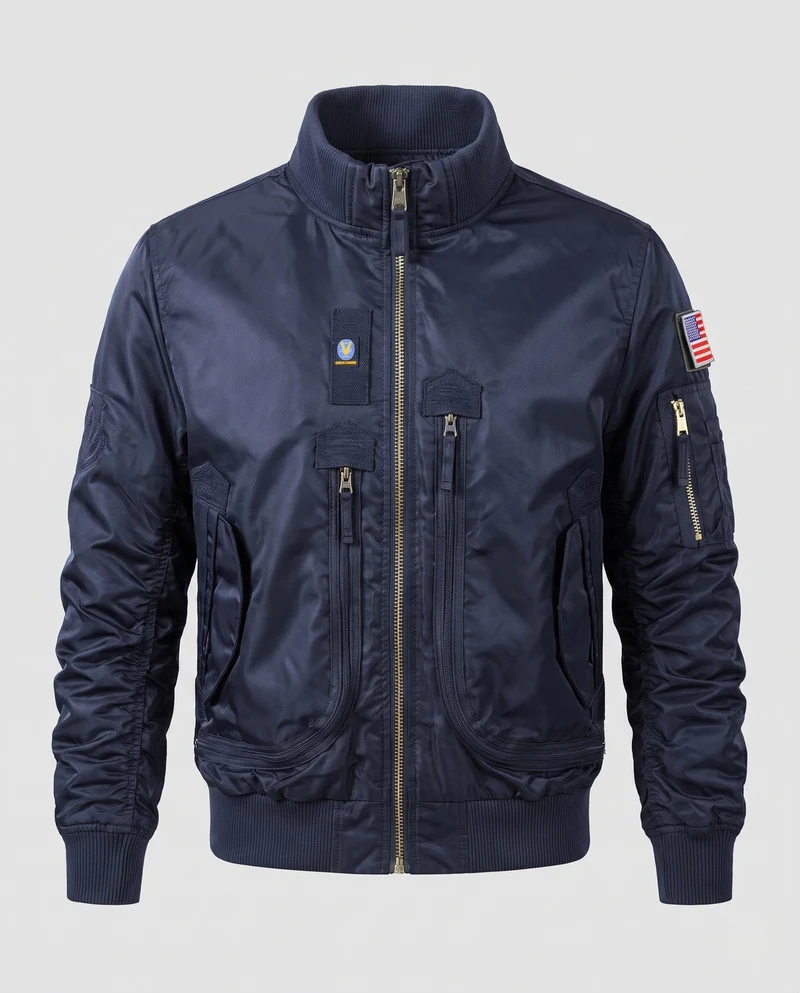 Herren Pilot Bomberjacke mit Frontreißverschluss-Taschen, Ärmeltasche und geripptem Kragen Nord Taschen