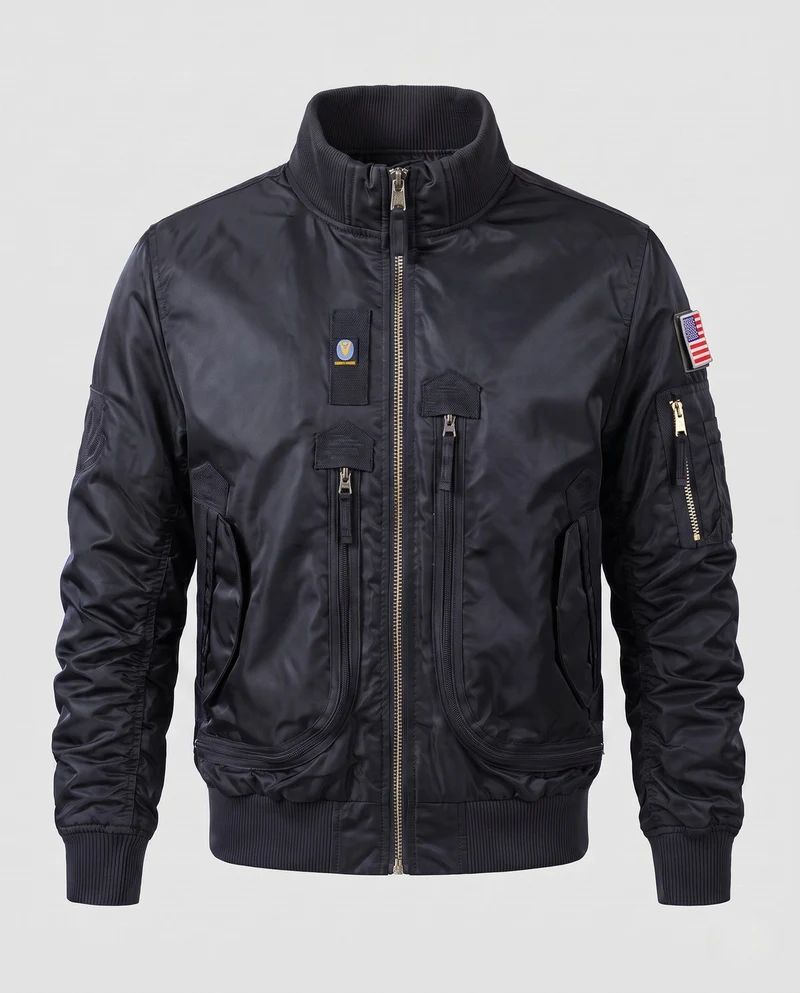 Herren Pilot Bomberjacke mit Frontreißverschluss-Taschen, Ärmeltasche und geripptem Kragen Nord Taschen