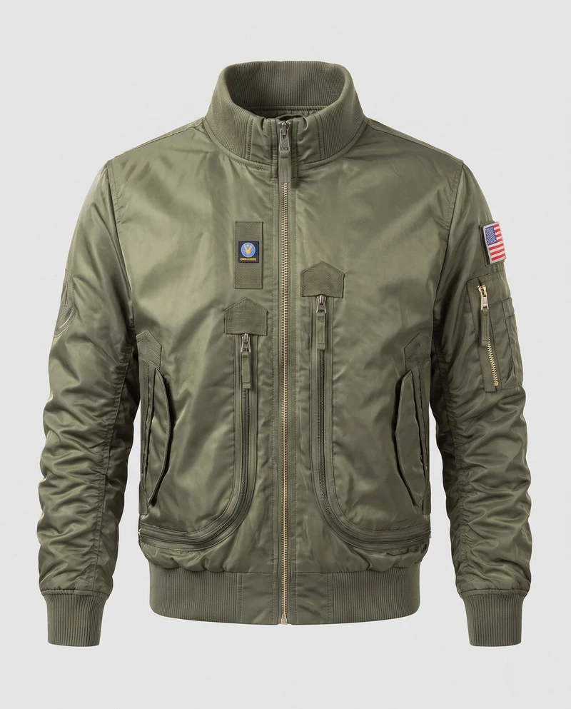 Herren Pilot Bomberjacke mit Frontreißverschluss-Taschen, Ärmeltasche und geripptem Kragen Nord Taschen
