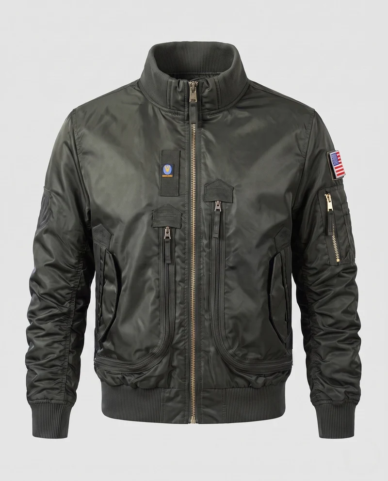 Herren Pilot Bomberjacke mit Frontreißverschluss-Taschen, Ärmeltasche und geripptem Kragen Nord Taschen