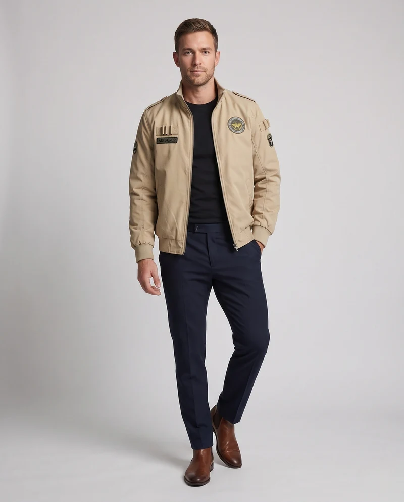 Herren Pilotenjacke im Flight-Stil mit vollem Teddyfutter und Abzeichenapplikationen Nord Taschen