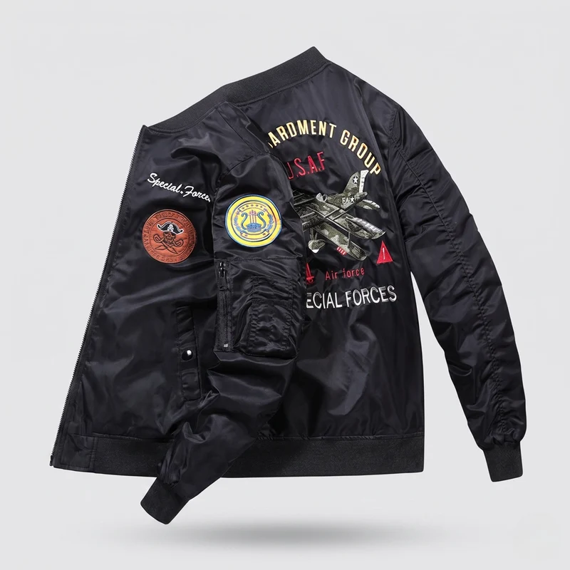 Herren gepolsterte Bomberjacke im Pilotenstil mit bestickten Patches und Armtasche Nord Taschen