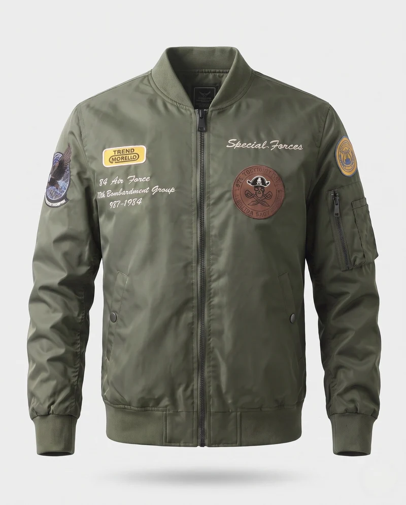 Herren gepolsterte Bomberjacke im Pilotenstil mit bestickten Patches und Armtasche Nord Taschen