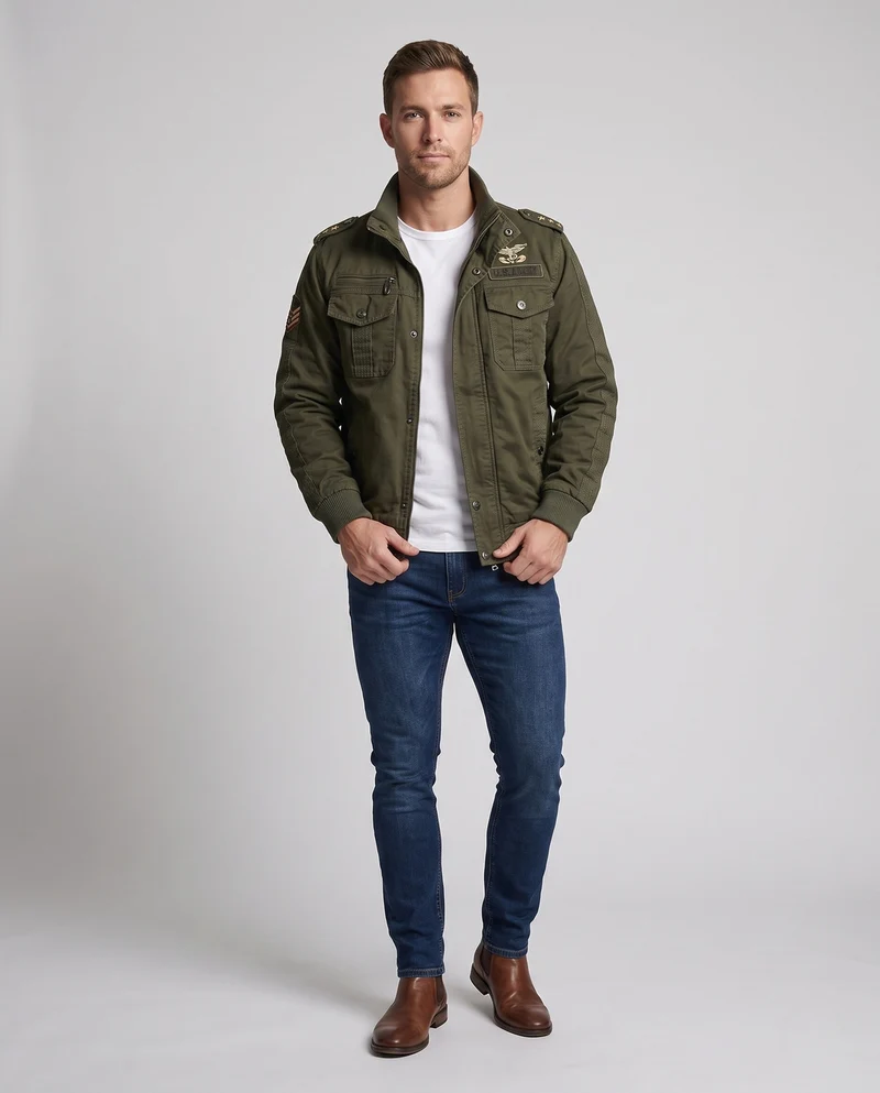 Herren gepolsterte Canvas-Bomberjacke im Feldlook mit Schulterklappen und warmem Teddy-Fleece-Futter Nord Taschen