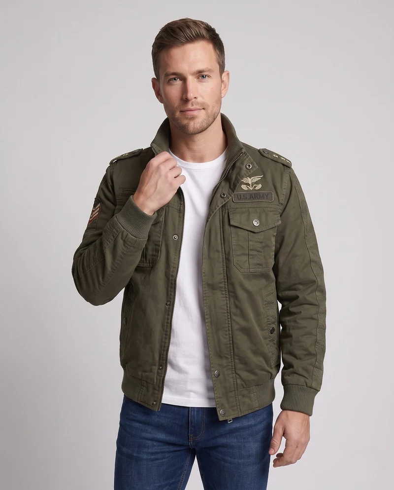 Herren gepolsterte Canvas-Bomberjacke im Feldlook mit Schulterklappen und warmem Teddy-Fleece-Futter Nord Taschen