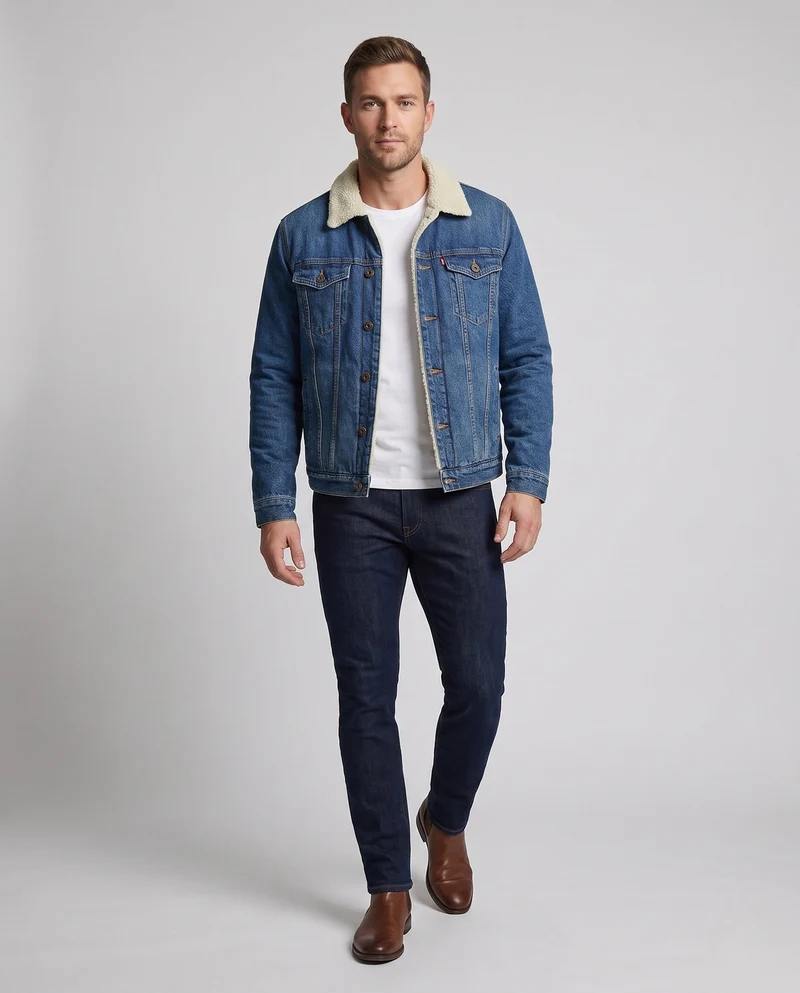Männer gefütterte Jeansjacke mit Sherpa-Futter und Hemdkragen Nord Taschen