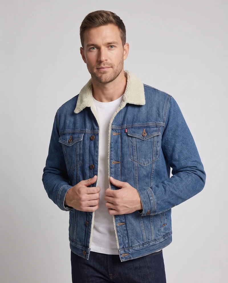 Männer gefütterte Jeansjacke mit Sherpa-Futter und Hemdkragen Nord Taschen