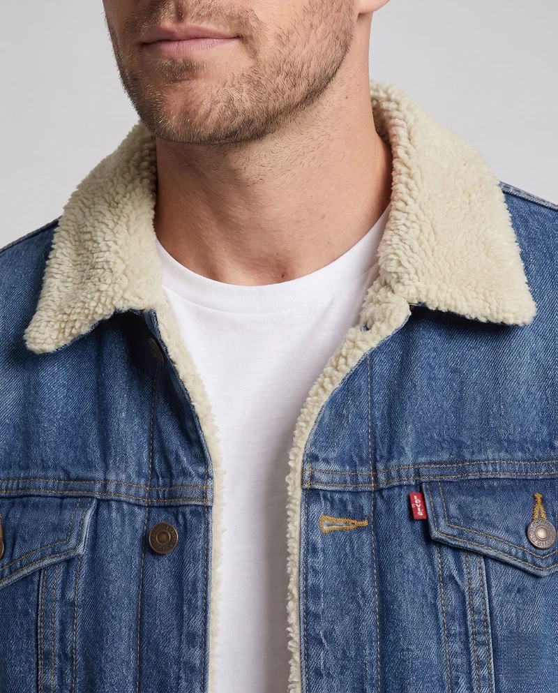 Männer gefütterte Jeansjacke mit Sherpa-Futter und Hemdkragen Nord Taschen