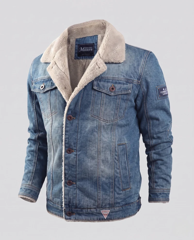 Männer gefütterte Jeansjacke mit Sherpa-Futter und Hemdkragen Nord Taschen