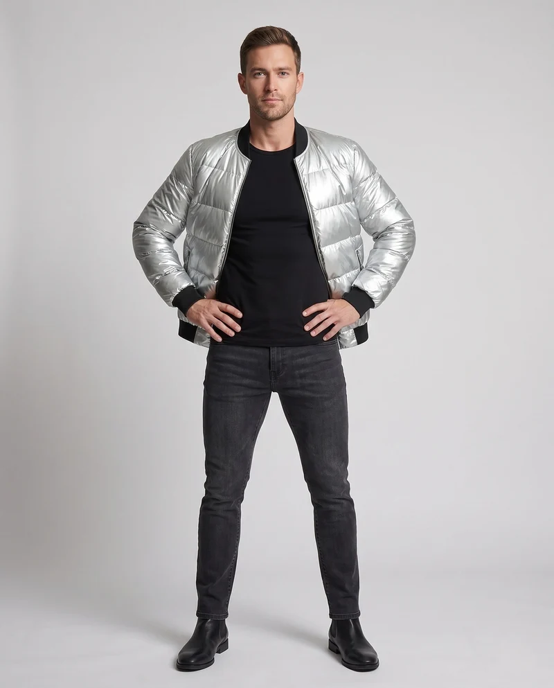 Herren gesteppte Jacke mit glänzender Oberfläche und Stehkragen Nord Taschen