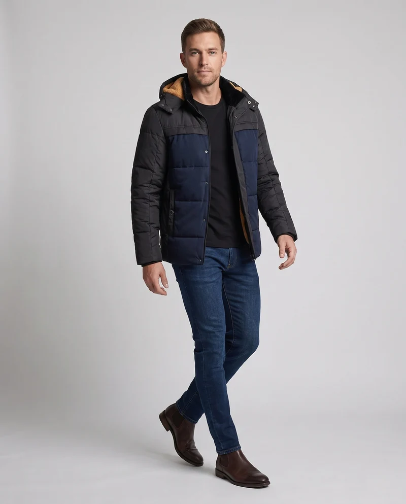 Männer gestepptes Parka mit Teddyfutter und melierter Front Nord Taschen