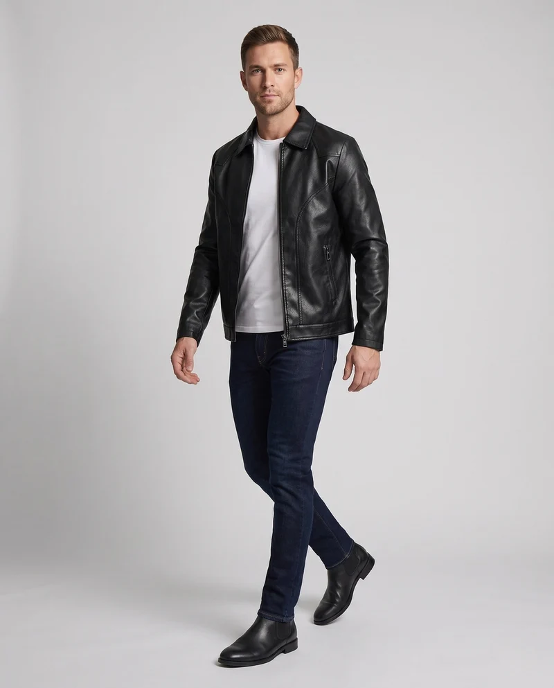 Herren Glattleder-Look Blouson mit vollem Teddy-Futter und verdecktem Reißverschluss Nord Taschen