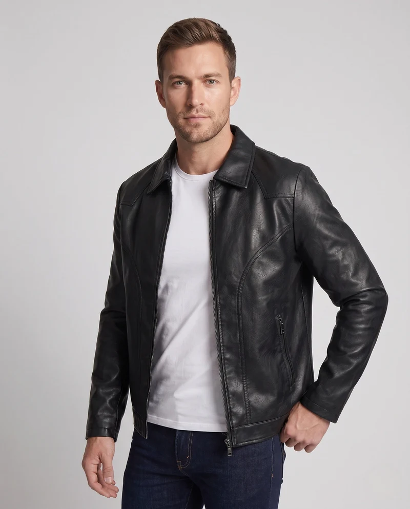 Herren Glattleder-Look Blouson mit vollem Teddy-Futter und verdecktem Reißverschluss Nord Taschen