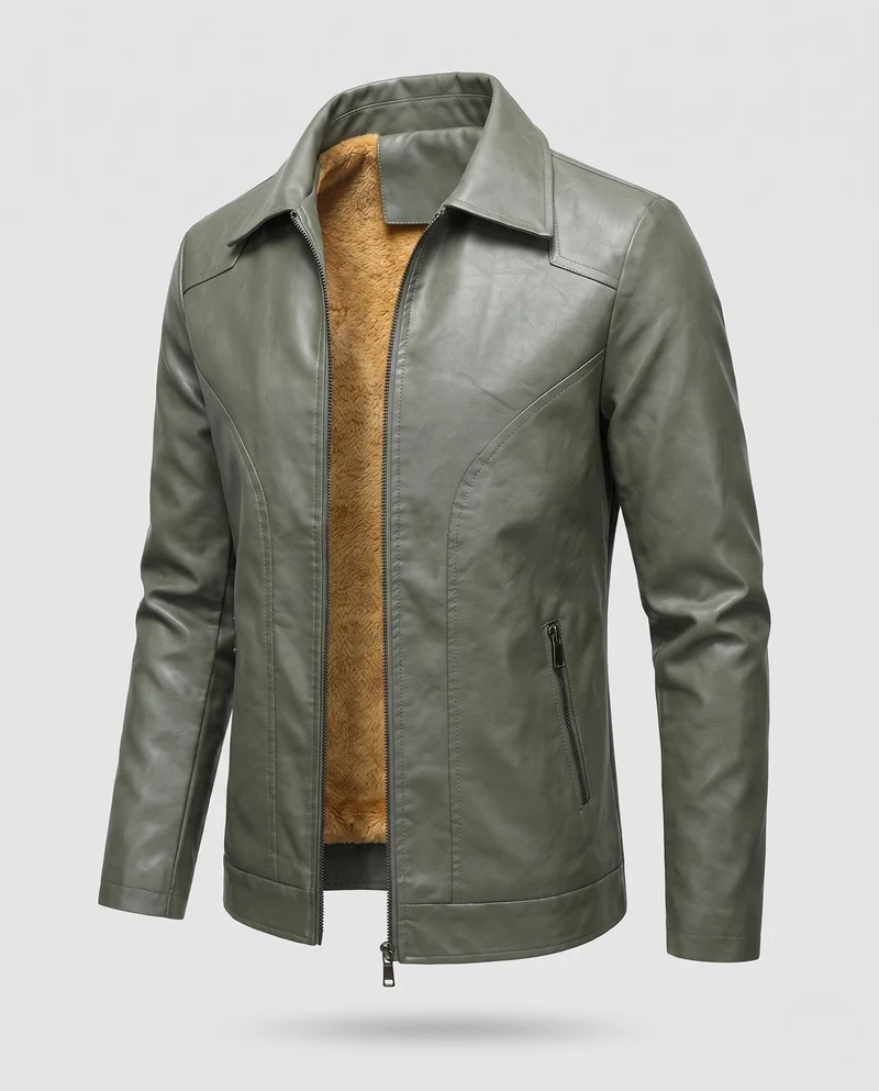 Herren Glattleder-Look Blouson mit vollem Teddy-Futter und verdecktem Reißverschluss Nord Taschen