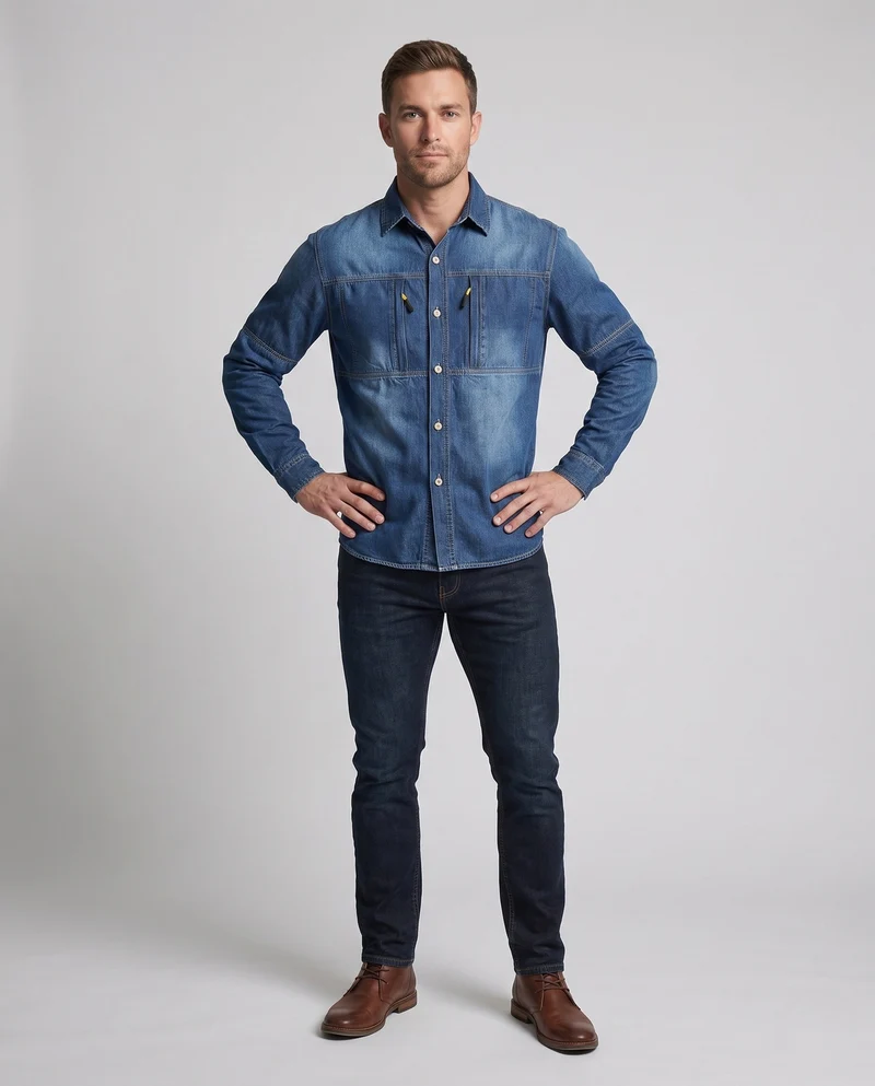 Herren Jeanshemdjacke im Arbeitskleidungsstil mit Reißverschluss-Brusttaschen Nord Taschen