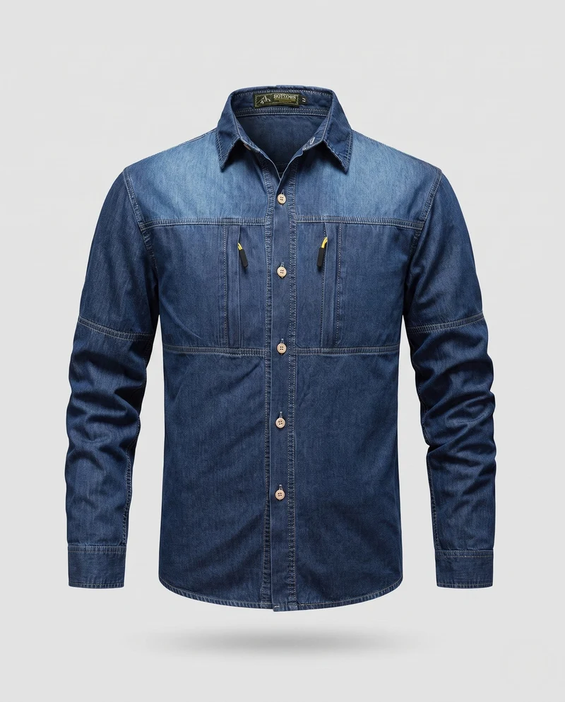Herren Jeanshemdjacke im Arbeitskleidungsstil mit Reißverschluss-Brusttaschen Nord Taschen