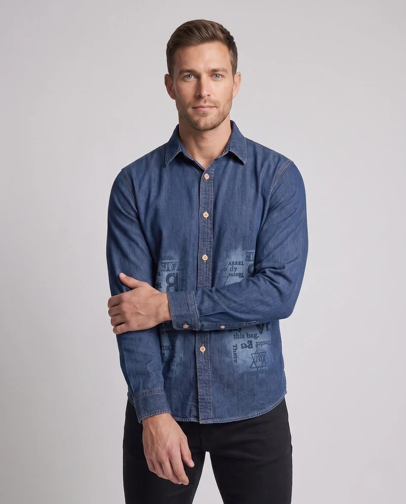 Herren-Denim-Hemd im Overshirt-Stil mit Allover-Print und durchgehender Knopfleiste Nord Taschen