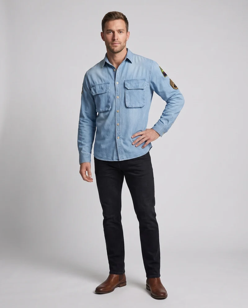 Herren Denim-Hemdjacke mit doppelten Brustklappen und Ärmelflicken Nord Taschen