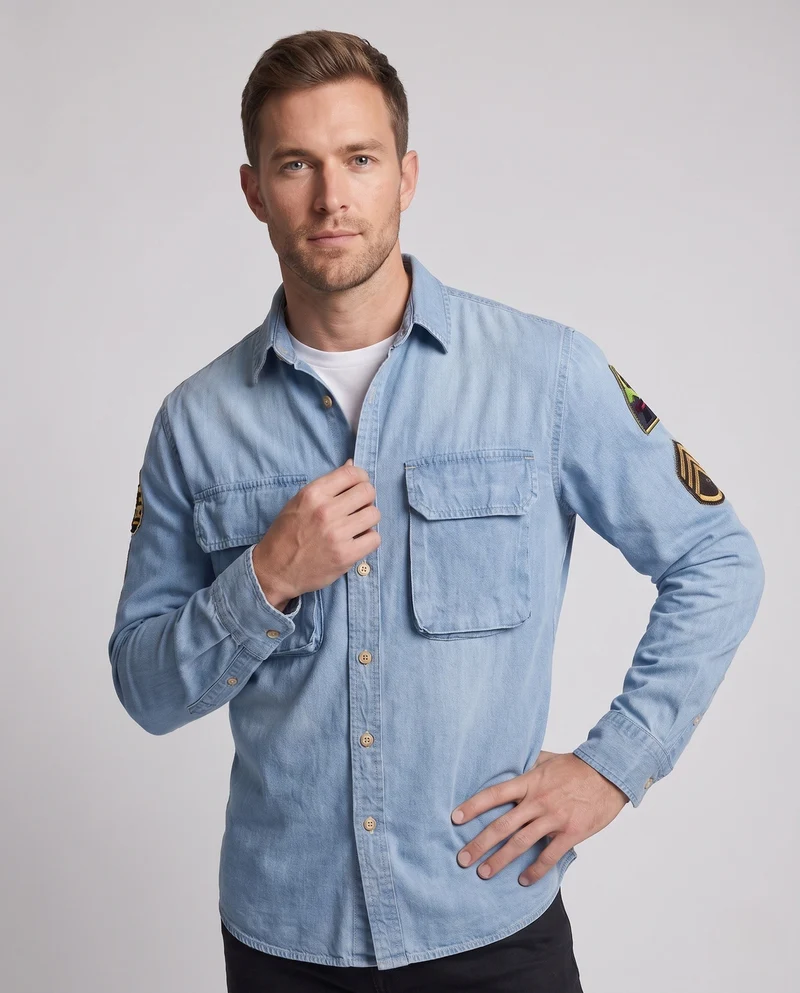 Herren Denim-Hemdjacke mit doppelten Brustklappen und Ärmelflicken Nord Taschen