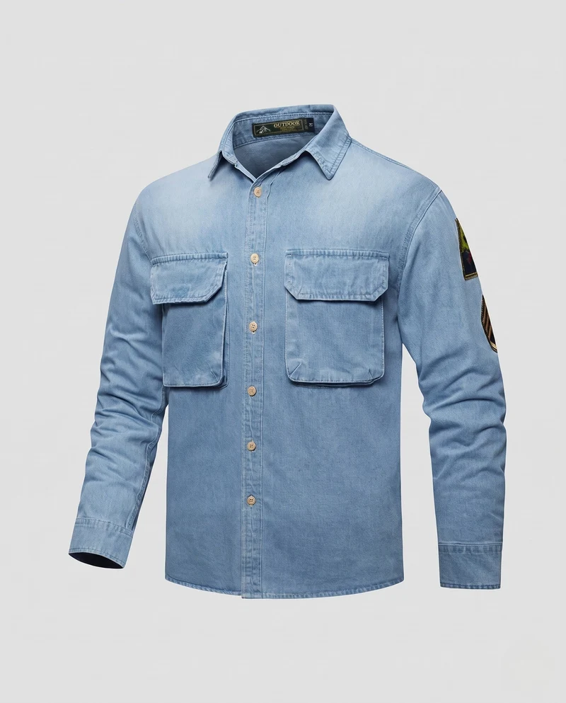 Herren Denim-Hemdjacke mit doppelten Brustklappen und Ärmelflicken Nord Taschen