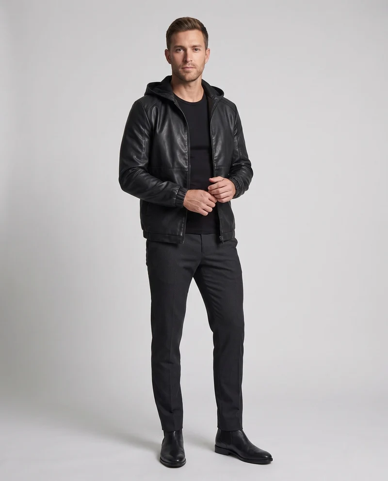 Herren Hoodie Blouson in Lederoptik mit minimalem Reißverschluss vorne und elastischen Bündchen Nord Taschen