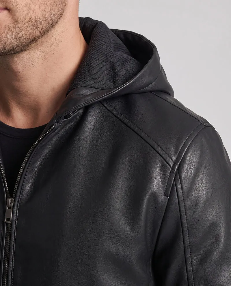 Herren Hoodie Blouson in Lederoptik mit minimalem Reißverschluss vorne und elastischen Bündchen Nord Taschen