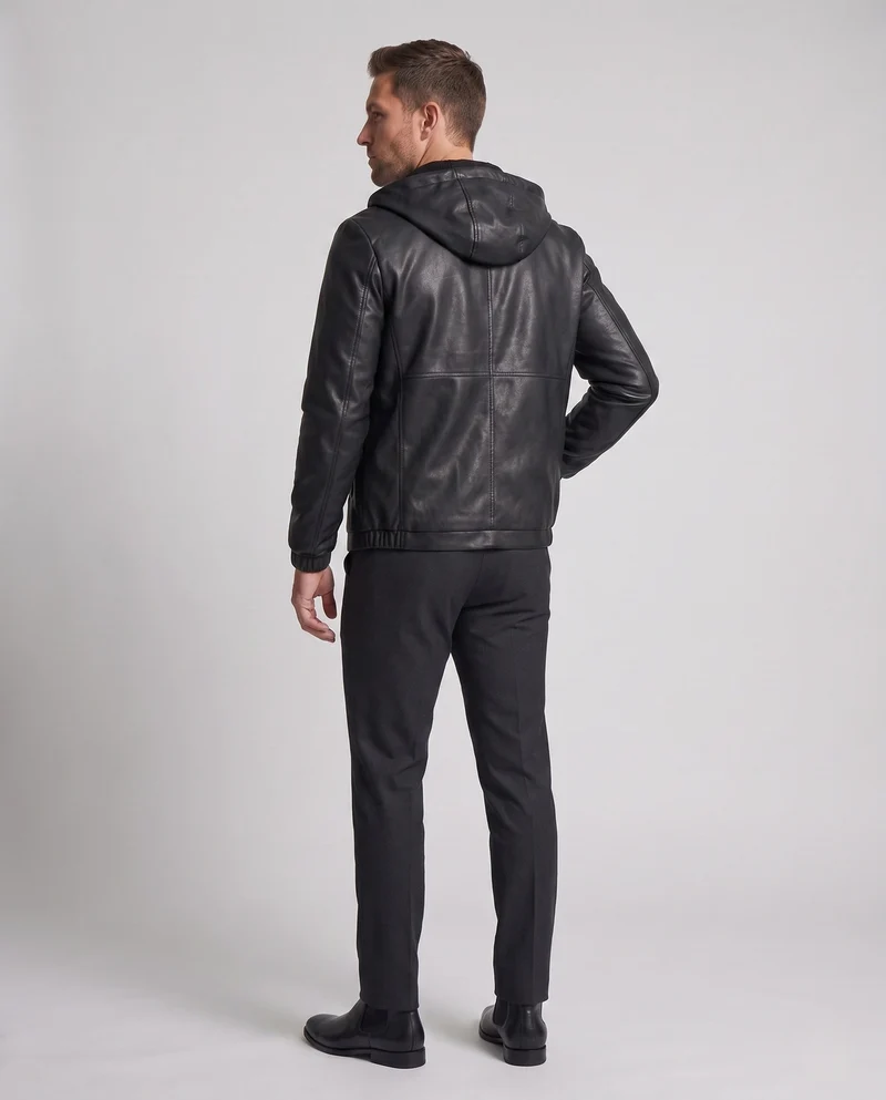 Herren Hoodie Blouson in Lederoptik mit minimalem Reißverschluss vorne und elastischen Bündchen Nord Taschen
