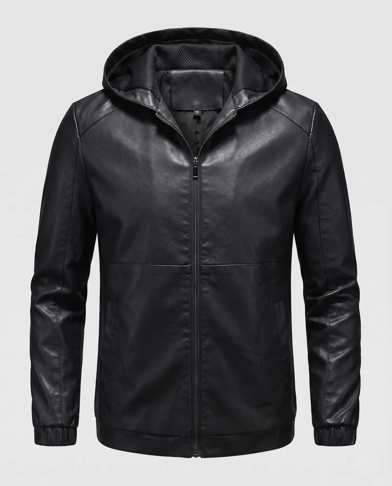 Herren Hoodie Blouson in Lederoptik mit minimalem Reißverschluss vorne und elastischen Bündchen Nord Taschen