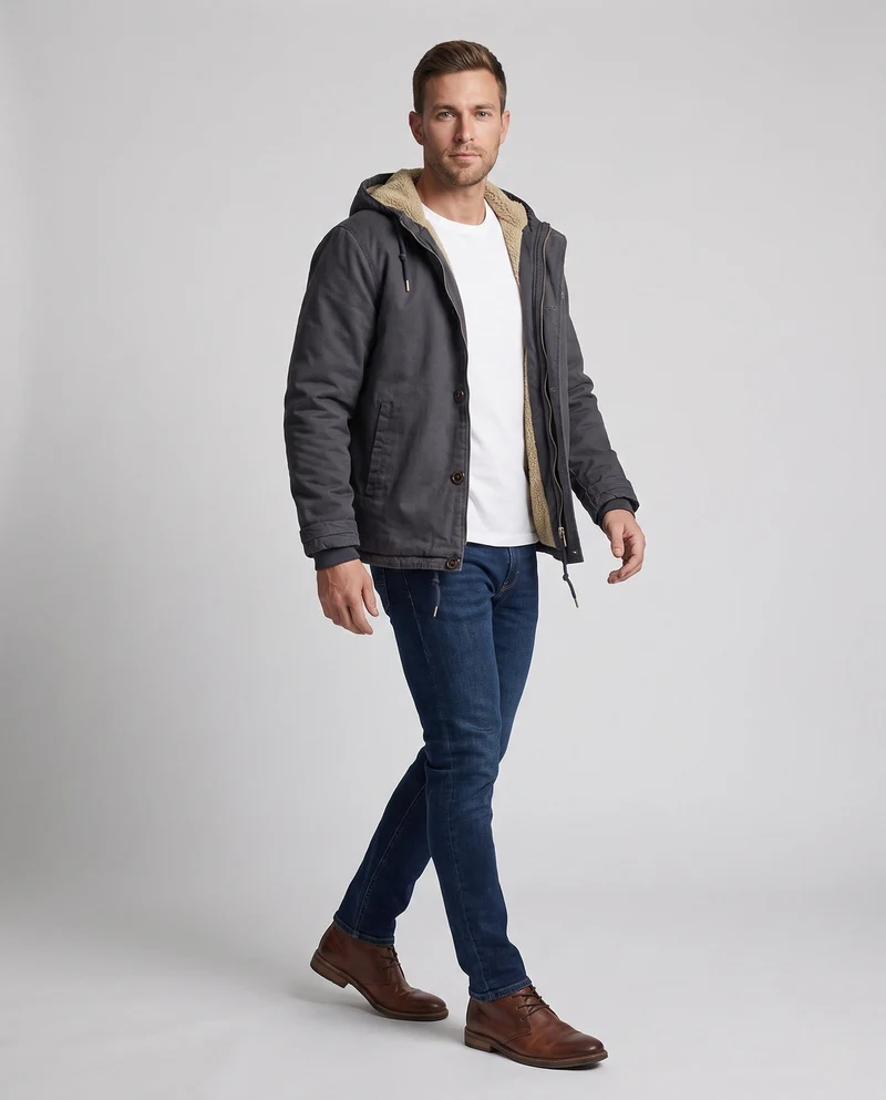 Herren Kapuzen Canvas Jacke mit vollem Teddyfutter und einstellbarem Saum Nord Taschen