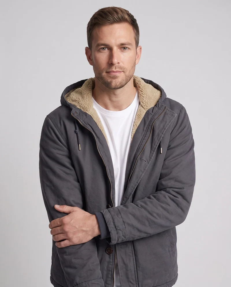 Herren Kapuzen Canvas Jacke mit vollem Teddyfutter und einstellbarem Saum Nord Taschen