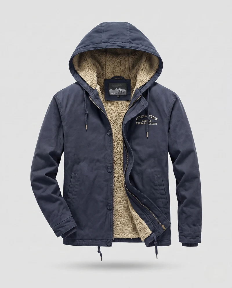 Herren Kapuzen Canvas Jacke mit vollem Teddyfutter und einstellbarem Saum Nord Taschen