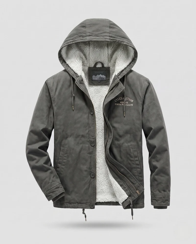 Herren Kapuzen Canvas Jacke mit vollem Teddyfutter und einstellbarem Saum Nord Taschen