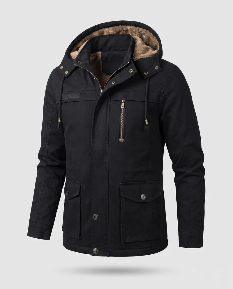 Herren Feldjacke mit Kapuze und Teddy-Futter sowie Multifunktionssch pockets Nord Taschen