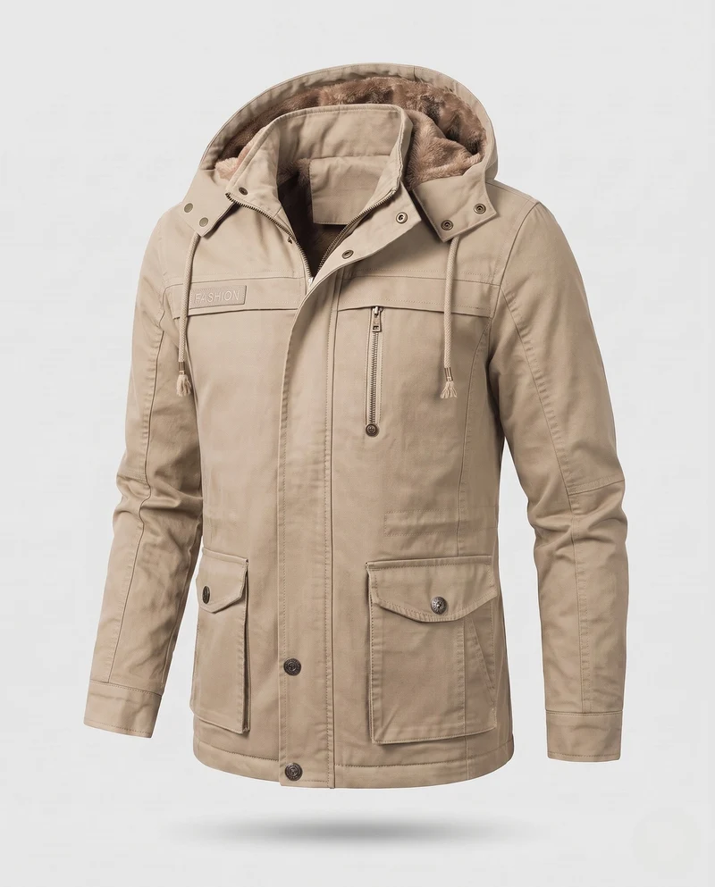 Herren Feldjacke mit Kapuze und Teddy-Futter sowie Multifunktionssch pockets Nord Taschen