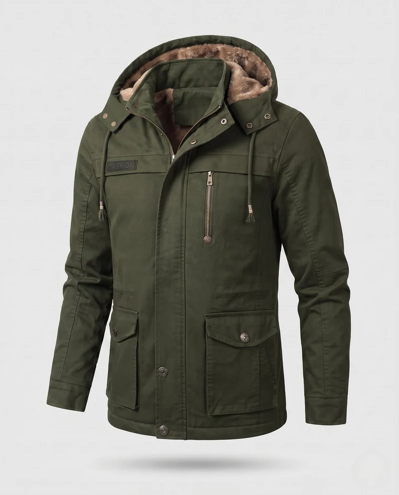 Herren Feldjacke mit Kapuze und Teddy-Futter sowie Multifunktionssch pockets Nord Taschen