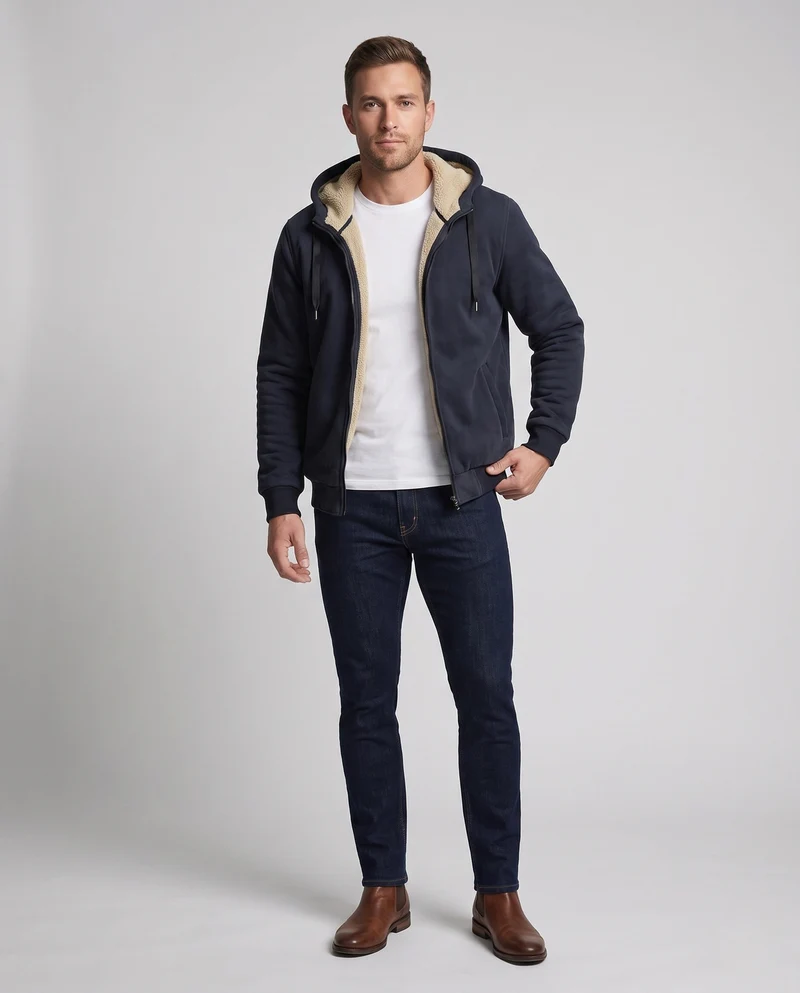 Herren Kapuzenfleecejacke mit Sherpa-Futter, Reißverschluss und gerippten Bündchen Nord Taschen