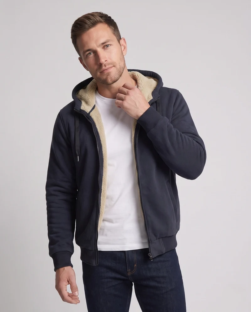 Herren Kapuzenfleecejacke mit Sherpa-Futter, Reißverschluss und gerippten Bündchen Nord Taschen
