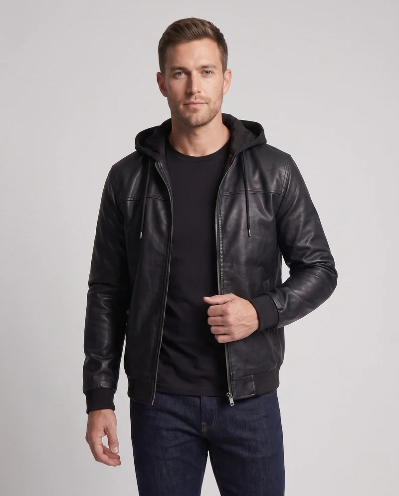 Herren Kapuzen Kunstlederjacke im Biker Bomber Stil mit integrierter Hoodie-Futter Nord Taschen