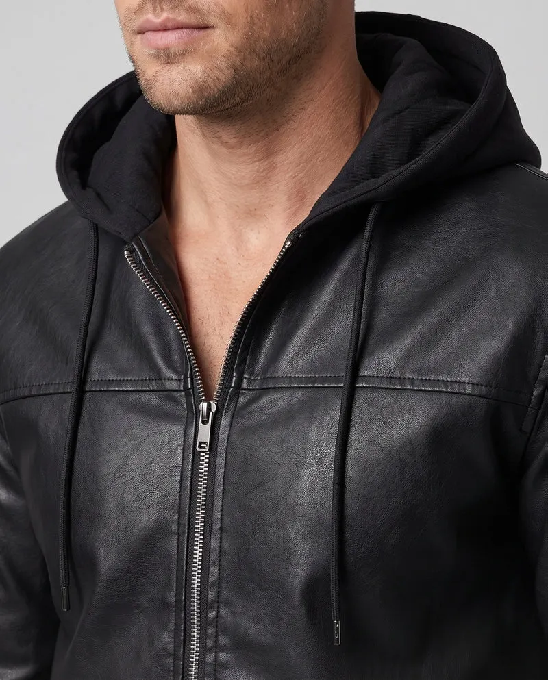 Herren Kapuzen Kunstlederjacke im Biker Bomber Stil mit integrierter Hoodie-Futter Nord Taschen