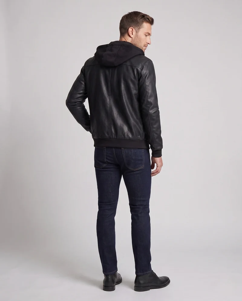 Herren Kapuzen Kunstlederjacke im Biker Bomber Stil mit integrierter Hoodie-Futter Nord Taschen