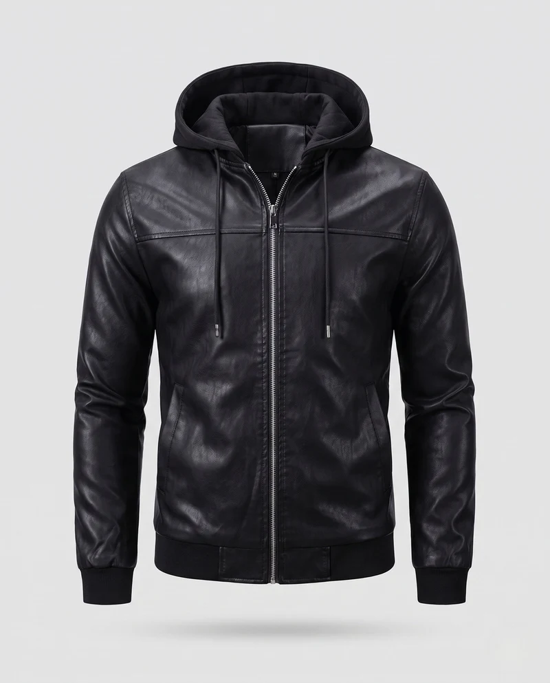 Herren Kapuzen Kunstlederjacke im Biker Bomber Stil mit integrierter Hoodie-Futter Nord Taschen