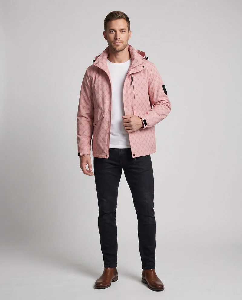 Herren Parka mit Kapuze aus wasserabweisendem Nylonmix mit Allover-Monogramm und Multifunktionstaschen Nord Taschen