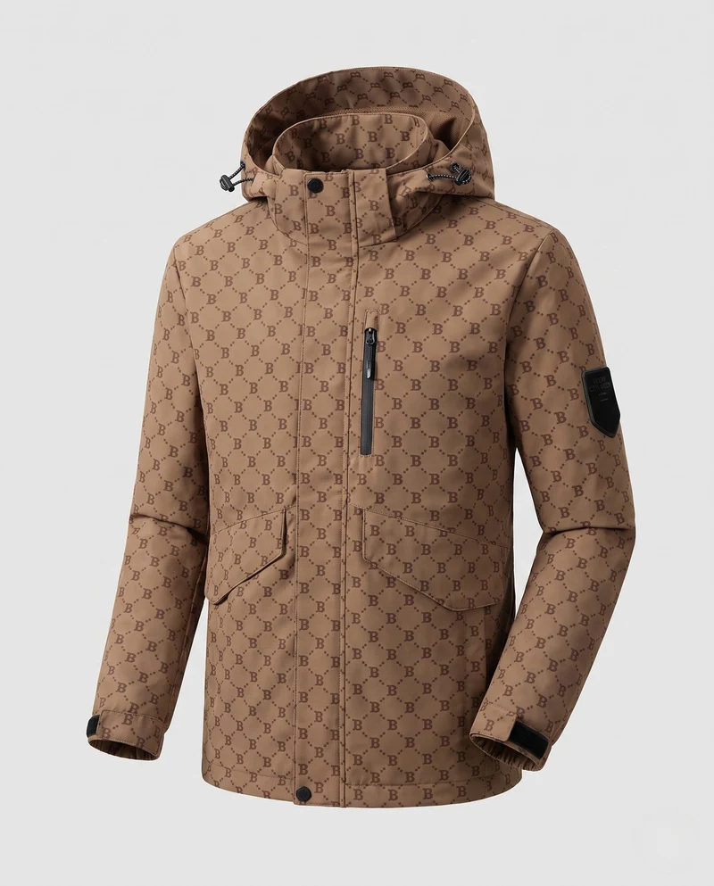 Herren Parka mit Kapuze aus wasserabweisendem Nylonmix mit Allover-Monogramm und Multifunktionstaschen Nord Taschen