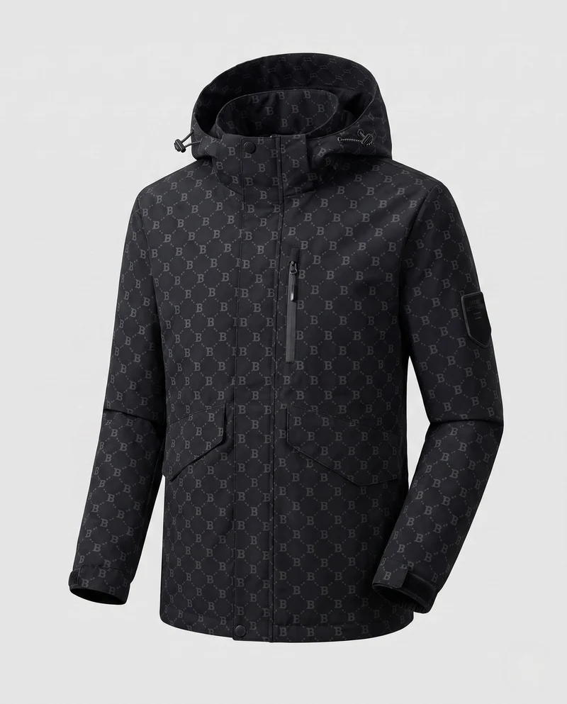 Herren Parka mit Kapuze aus wasserabweisendem Nylonmix mit Allover-Monogramm und Multifunktionstaschen Nord Taschen