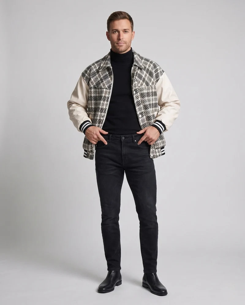 Herren Karierter Baumwollmix Collegejacke mit Kunstlederärmeln und gerippten Bündchen Nord Taschen