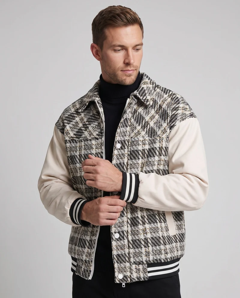 Herren Karierter Baumwollmix Collegejacke mit Kunstlederärmeln und gerippten Bündchen Nord Taschen