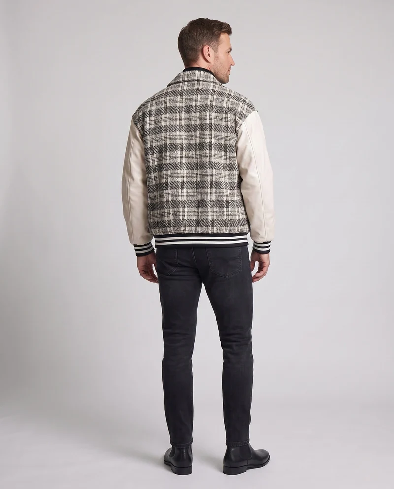 Herren Karierter Baumwollmix Collegejacke mit Kunstlederärmeln und gerippten Bündchen Nord Taschen