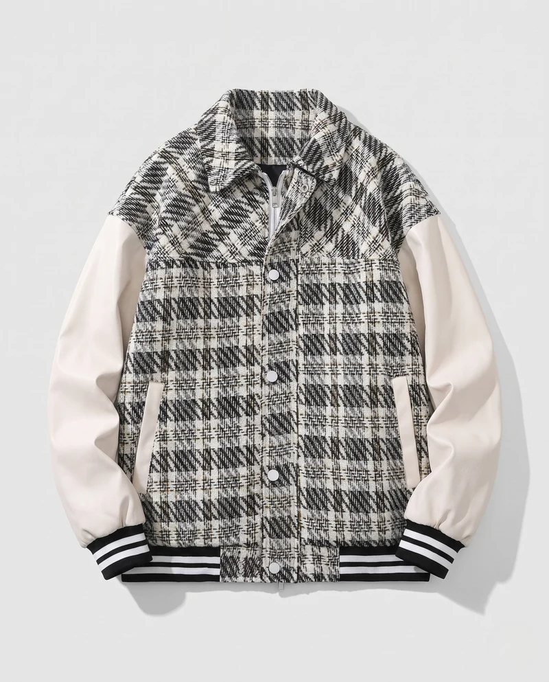Herren Karierter Baumwollmix Collegejacke mit Kunstlederärmeln und gerippten Bündchen Nord Taschen