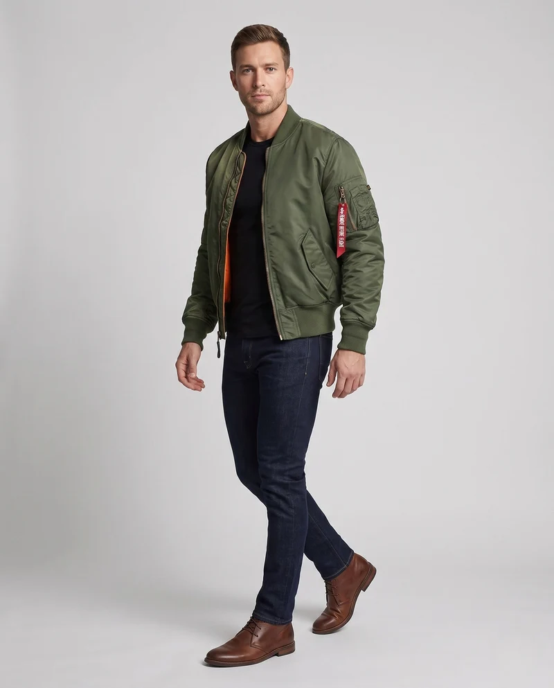 Herren klassische Pilot-Bomberjacke mit Kontrastfutter, Utility-Tasche am Ärmel und geripptem Saum Nord Taschen