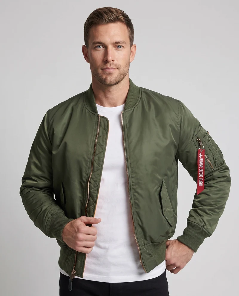 Herren klassische Pilot-Bomberjacke mit Kontrastfutter, Utility-Tasche am Ärmel und geripptem Saum Nord Taschen